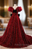 Burgundy Sequins Puff Sleeve Prom Dress