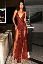Burgundy Shiny Sequins V-Neck Long Elegant Sexy Backless Sleeveless Front Slit Ball Gown Evening Dress Party Dress