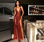 Burgundy Shiny Sequins V-Neck Long Elegant Sexy Backless Sleeveless Front Slit Ball Gown Evening Dress Party Dress
