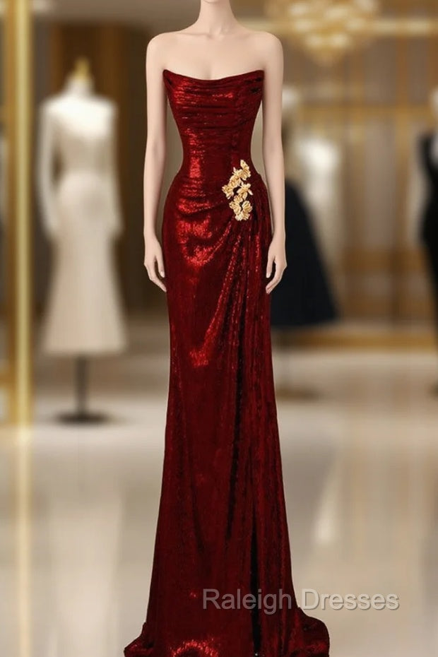Burgundy Sequins Strapless Pleats Prom Dress Main image