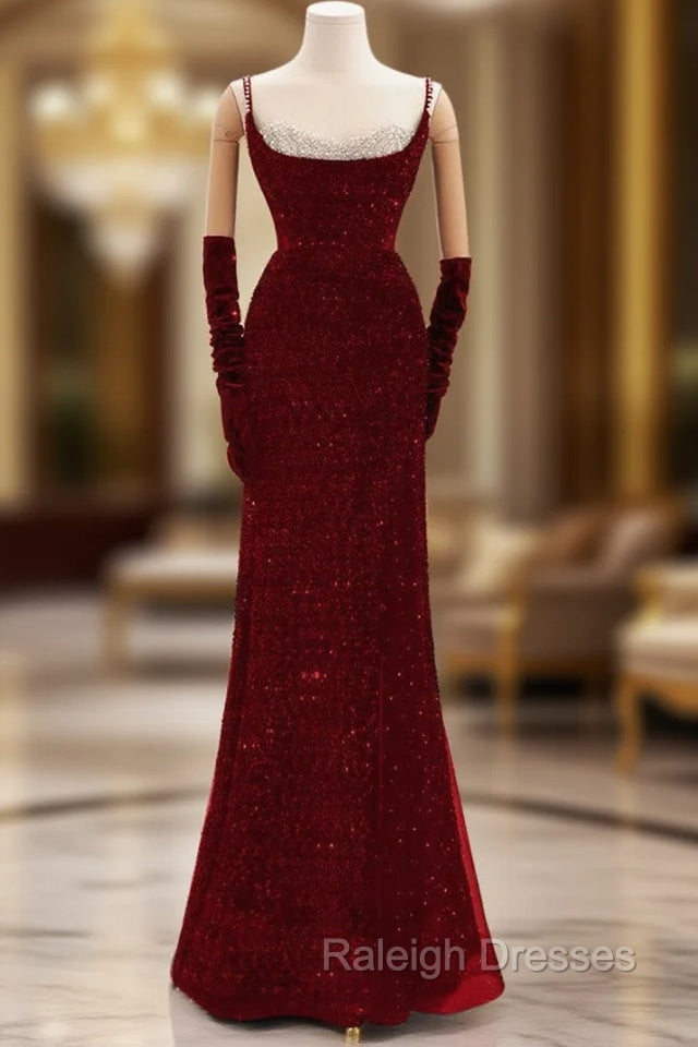 Burgundy Sequins Straps Beading Prom Dress