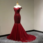 Burgundy Sequins Sweetheart Mermaid Off Shoulder Dresses