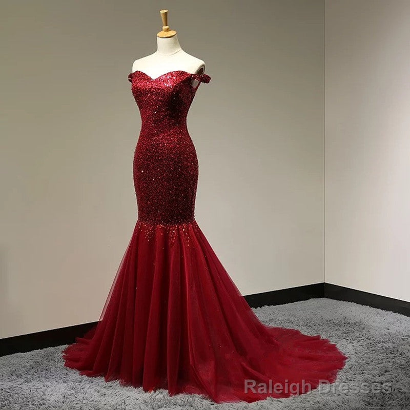 Burgundy Sequins Sweetheart Mermaid Off Shoulder Dresses
