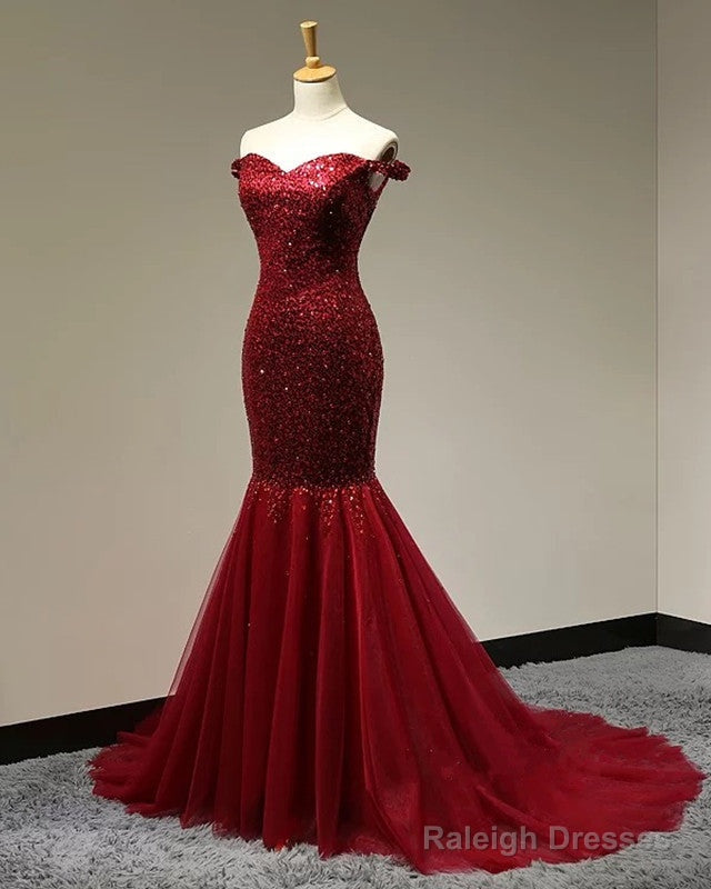 Burgundy Sequins Sweetheart Mermaid Off Shoulder Dresses