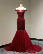 Burgundy Sequins Sweetheart Mermaid Off Shoulder Dresses