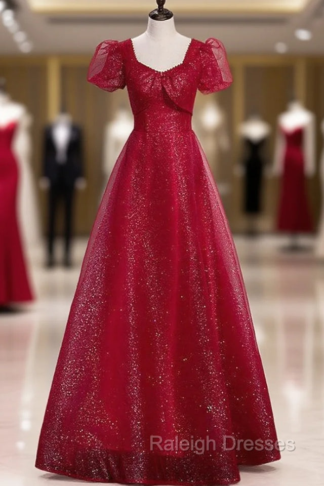 Burgundy Sequins Tulle Square Short Sleeve Prom Dress Main image