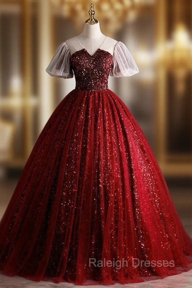 Burgundy Sequins V-neck Puff Sleeve Quinceanera Dress Main image