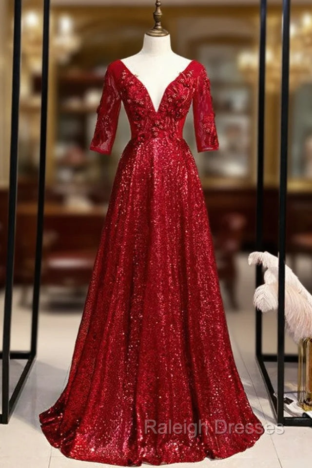 Burgundy Sequins V-neck Short Sleeve Appliques Prom Dress Main image