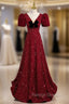 Burgundy Sequins V-neck Short Sleeve Prom Dress