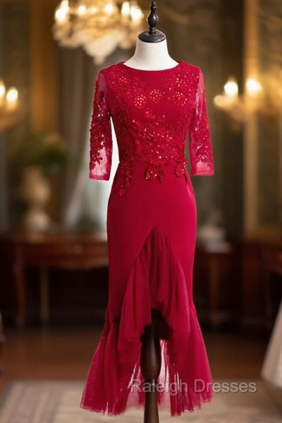 Burgundy Sheath Satin Tulle Appliques Short Sleeve Short Prom Dress