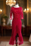 Burgundy Sheath Satin Tulle Appliques Short Sleeve Short Prom Dress