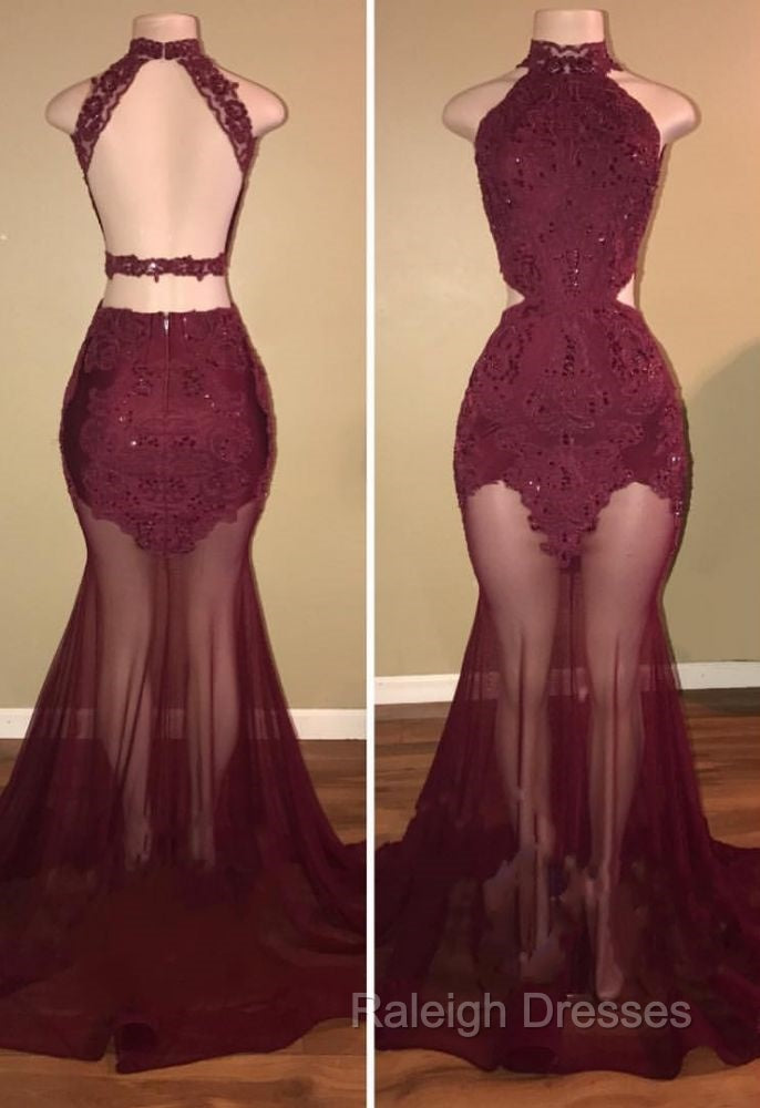 Burgundy Sheer-Tulle Lace-Appliques High-Neck Mermaid Prom Dresses Secondary image
