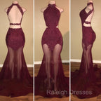 Burgundy Sheer-Tulle Lace-Appliques High-Neck Mermaid Prom Dresses