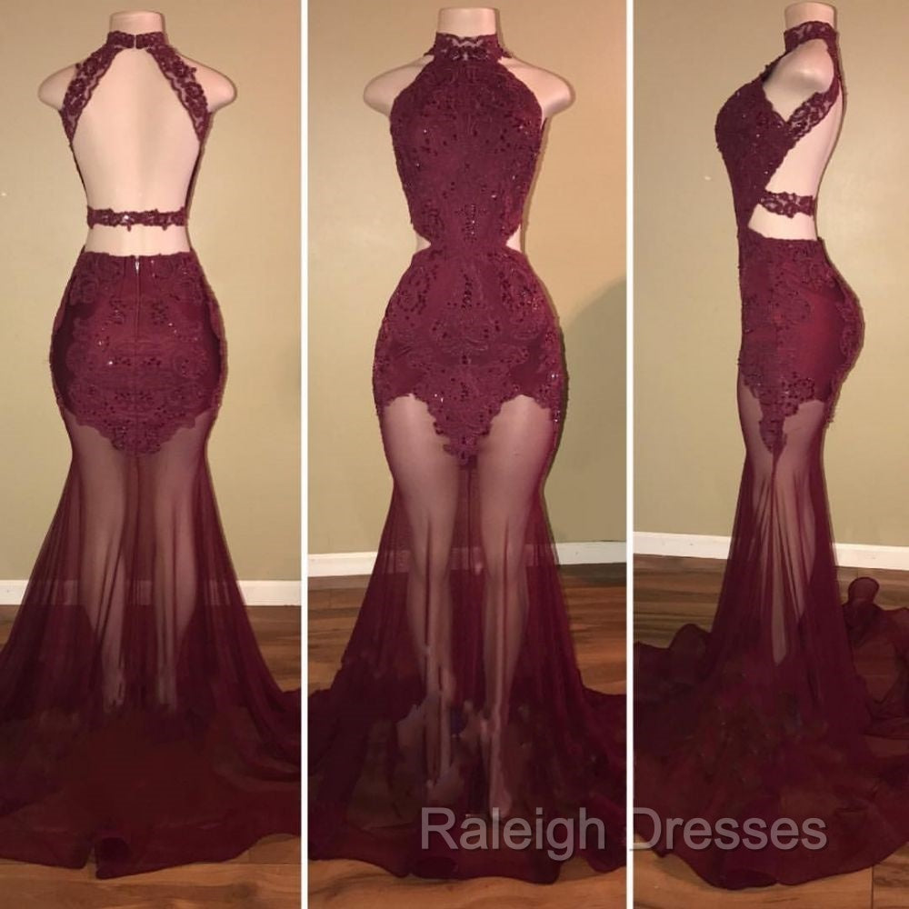 Burgundy Sheer-Tulle Lace-Appliques High-Neck Mermaid Prom Dresses