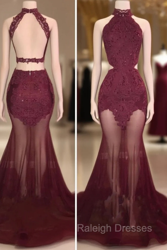 Burgundy Sheer-Tulle Lace-Appliques High-Neck Mermaid Prom Dresses Main image