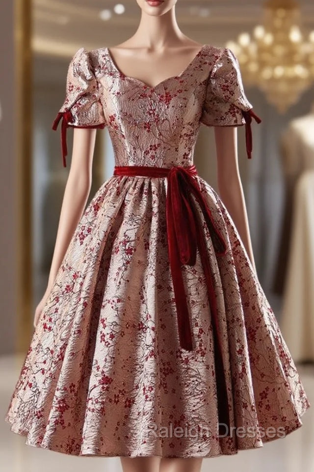 Burgundy Short Sleeve Homecoming Dress Main image