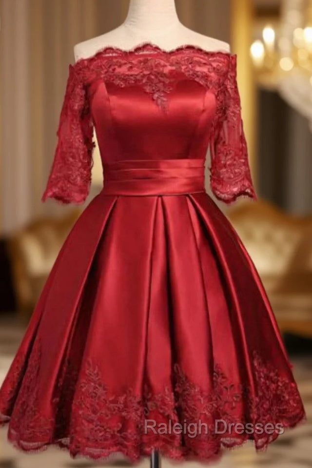Burgundy Short Sleeve Off The Shoulder Satin Dress Main image