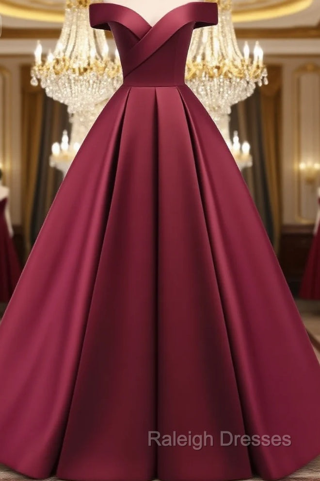 Burgundy Simple A-line Floor Length Satin Off Shoulder Party Dress, Long Evening Dress