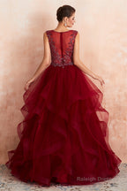 Burgundy Sleeveless Aline Puffy Tulle Prom Dresses with Sequins