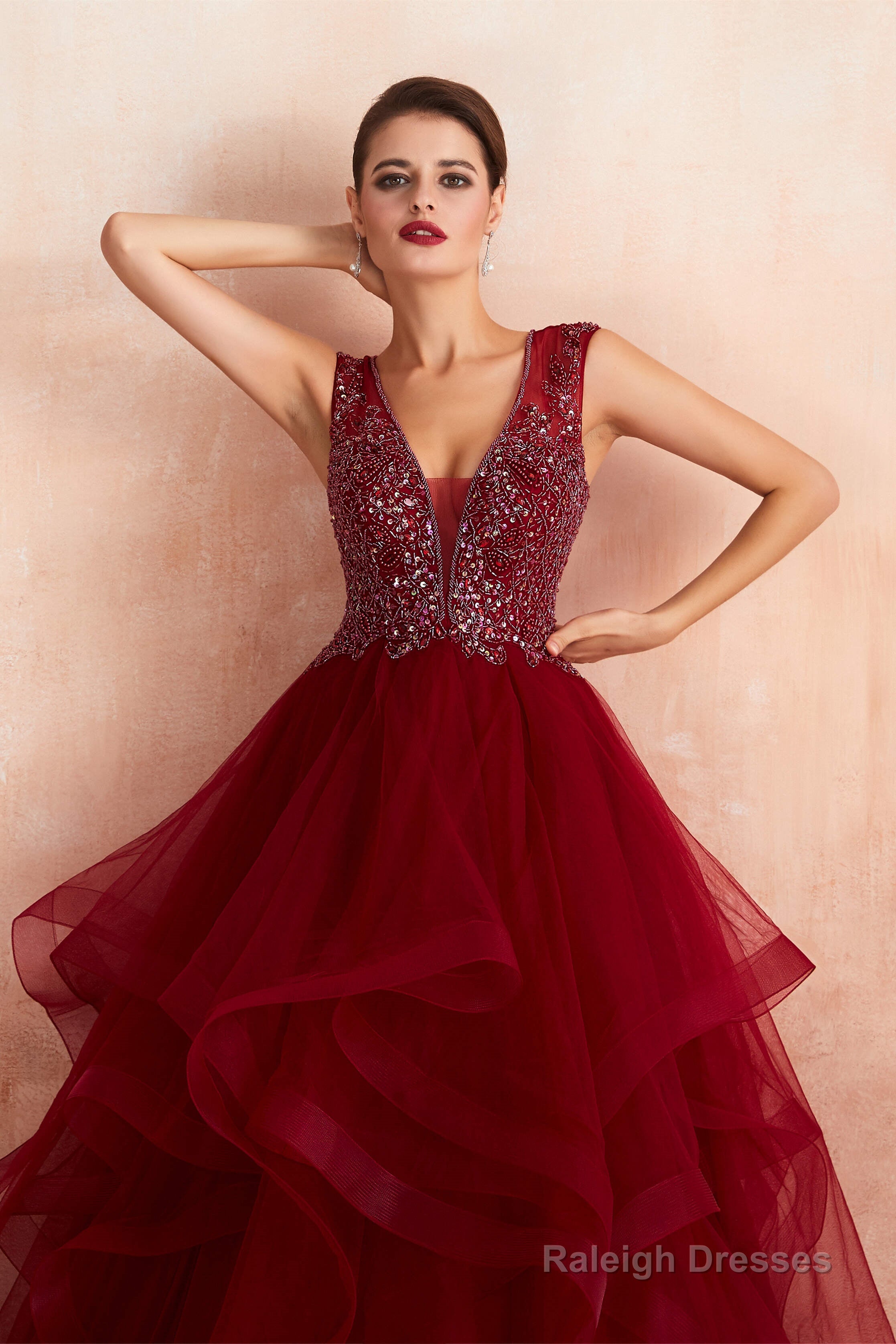 Burgundy Sleeveless Aline Puffy Tulle Prom Dresses with Sequins