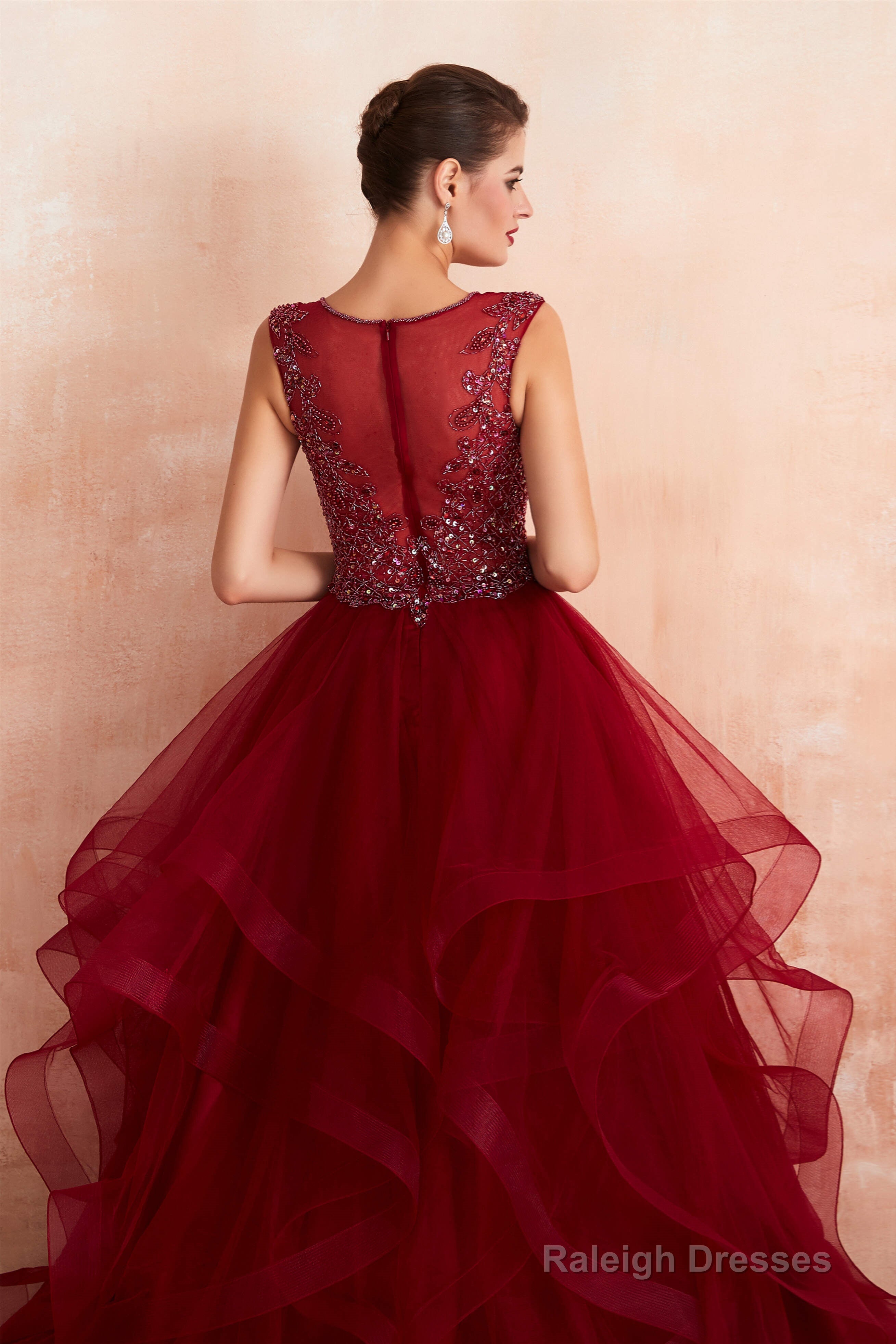 Burgundy Sleeveless Aline Puffy Tulle Prom Dresses with Sequins