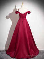Burgundy Spaghetti Strap Satin Long Prom Dress, A-Line Evening Party Dress