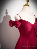 Burgundy Spaghetti Strap Satin Long Prom Dress, A-Line Evening Party Dress