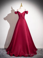 Burgundy Spaghetti Strap Satin Long Prom Dress, A-Line Evening Party Dress