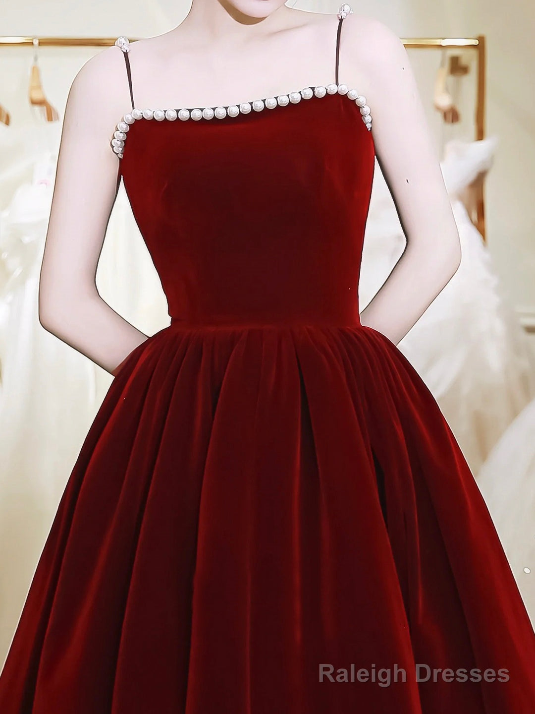 Burgundy Spaghetti Strap Velvet Tea Length Prom Dress With With Pearls Secondary image