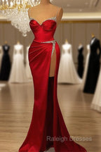 Burgundy Spaghetti-Straps Mermaid Prom Dress Sleeveless With Slit Beads