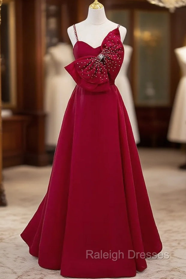 Burgundy Spaghetti Straps Pearls Bow Prom Dress