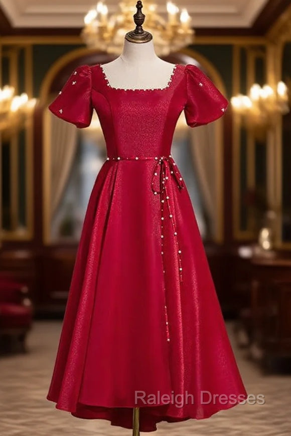 Burgundy Square Puff Sleeve Backless Pearls Prom Dres Main image