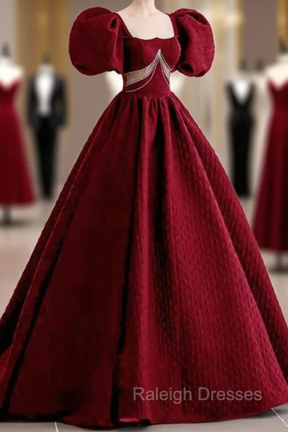 Burgundy Square Puff Sleeve Backless Prom Dress Main image