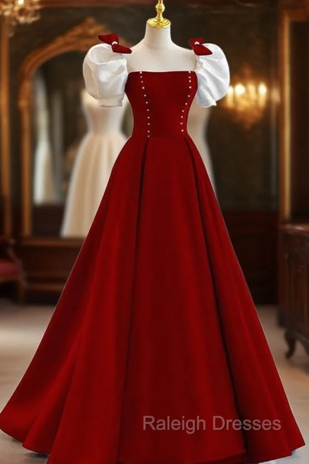 Burgundy Square Puff Sleeve Bow Prom Dress