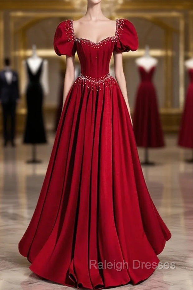 Burgundy Square Puff Sleeve Pearls Prom Dress Main image