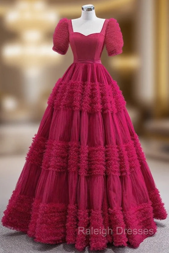 Burgundy Square Puff Sleeve Prom Dress