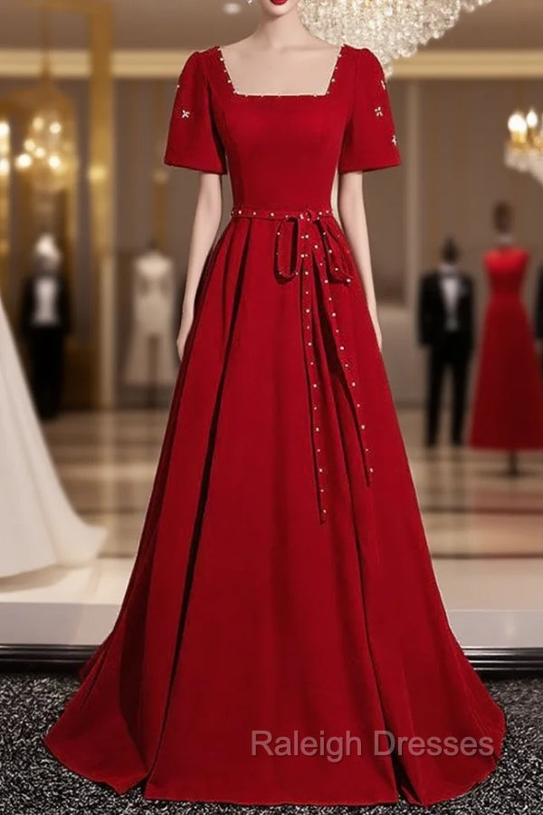 Burgundy Square Short Sleeve Pearls Prom Dress