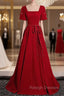 Burgundy Square Short Sleeve Pearls Prom Dress