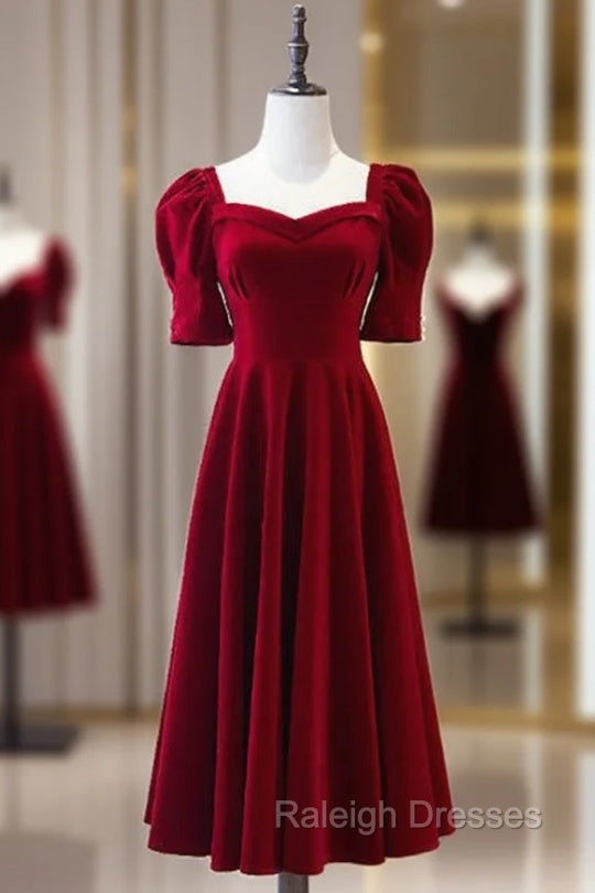 Burgundy Square Short Sleeve Tea Length Prom Dress Main image