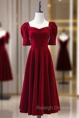 Burgundy Square Short Sleeve Tea Length Prom Dress