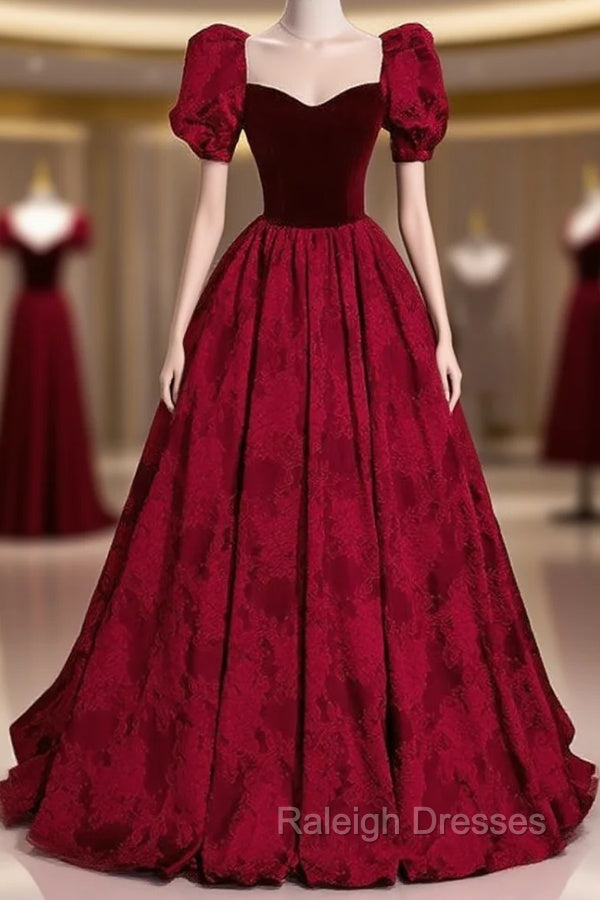 Burgundy Square Square Puff Sleeve Prom Dress
