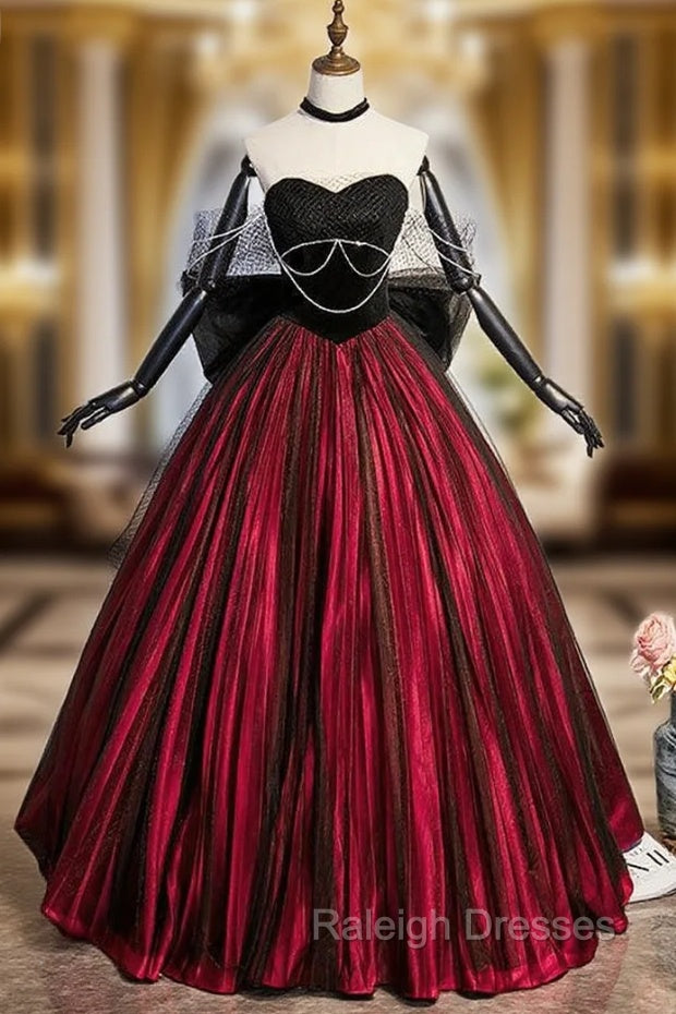 Burgundy Strapless Black Tulle Bow Prom Dress