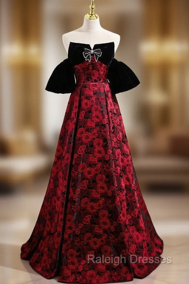 Burgundy Strapless Black Velvet Prom Dress