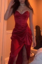 Burgundy Strapless Prom Dresses Long Prom Dresses With Slit
