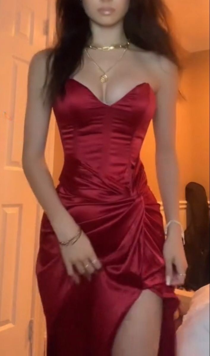 Burgundy Strapless Prom Dresses Long Prom Dresses With Slit