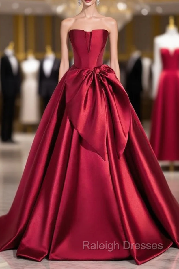 Burgundy Strapless Satin Bow Prom Dress