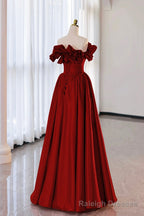 Burgundy Strapless Satin Long Prom Dress, A Line Prom Prom Dress