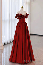 Burgundy Strapless Satin Long Prom Dress, A-Line Evening Party Dress