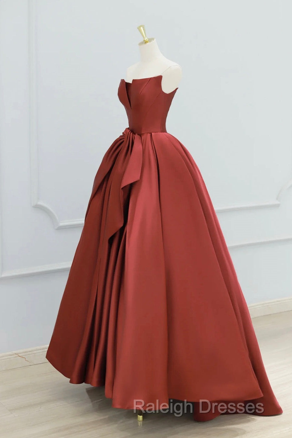 Burgundy Strapless Satin Long Prom Dress, Beautiful A-Line Evening Party Dress