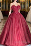 Burgundy Strapless Tulle Long Formal Dress, Sweetheart Neckline Evening Dress